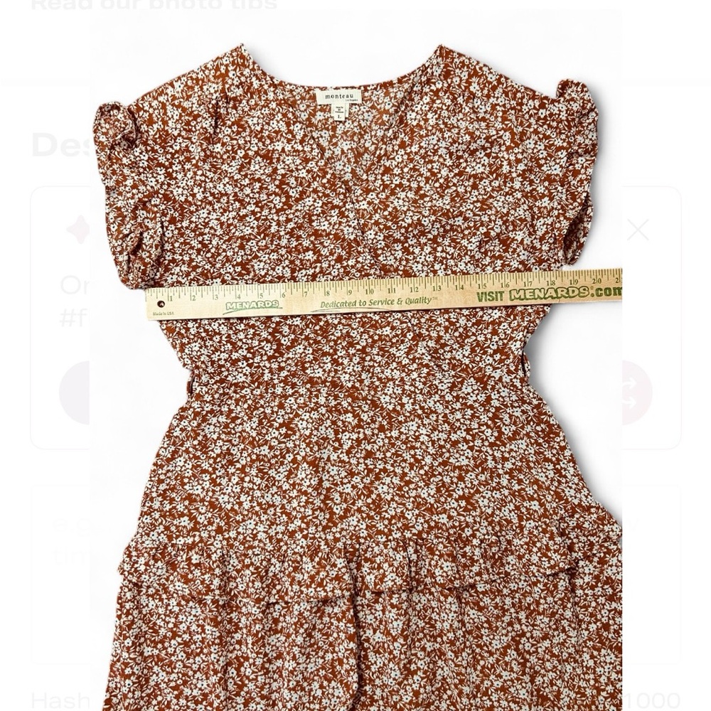 MONTEAU Brown & White Floral Midi Dress L, Short Sleeves V Neck Tiered Skirt - Picture 7 of 7